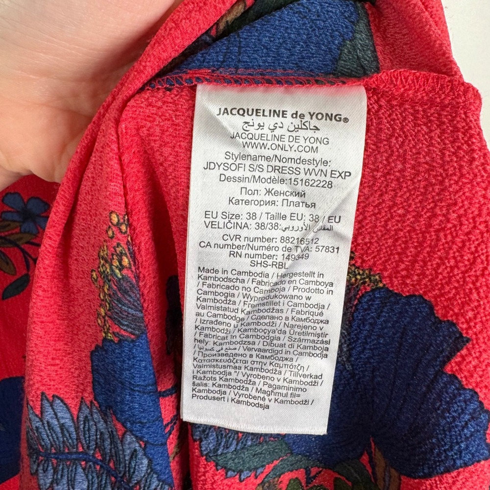 Jacqueline de Yong Red Floral Midi Dress‎ Size 38 Boho Cottage Lightweight Flowy - Picture 8 of 14